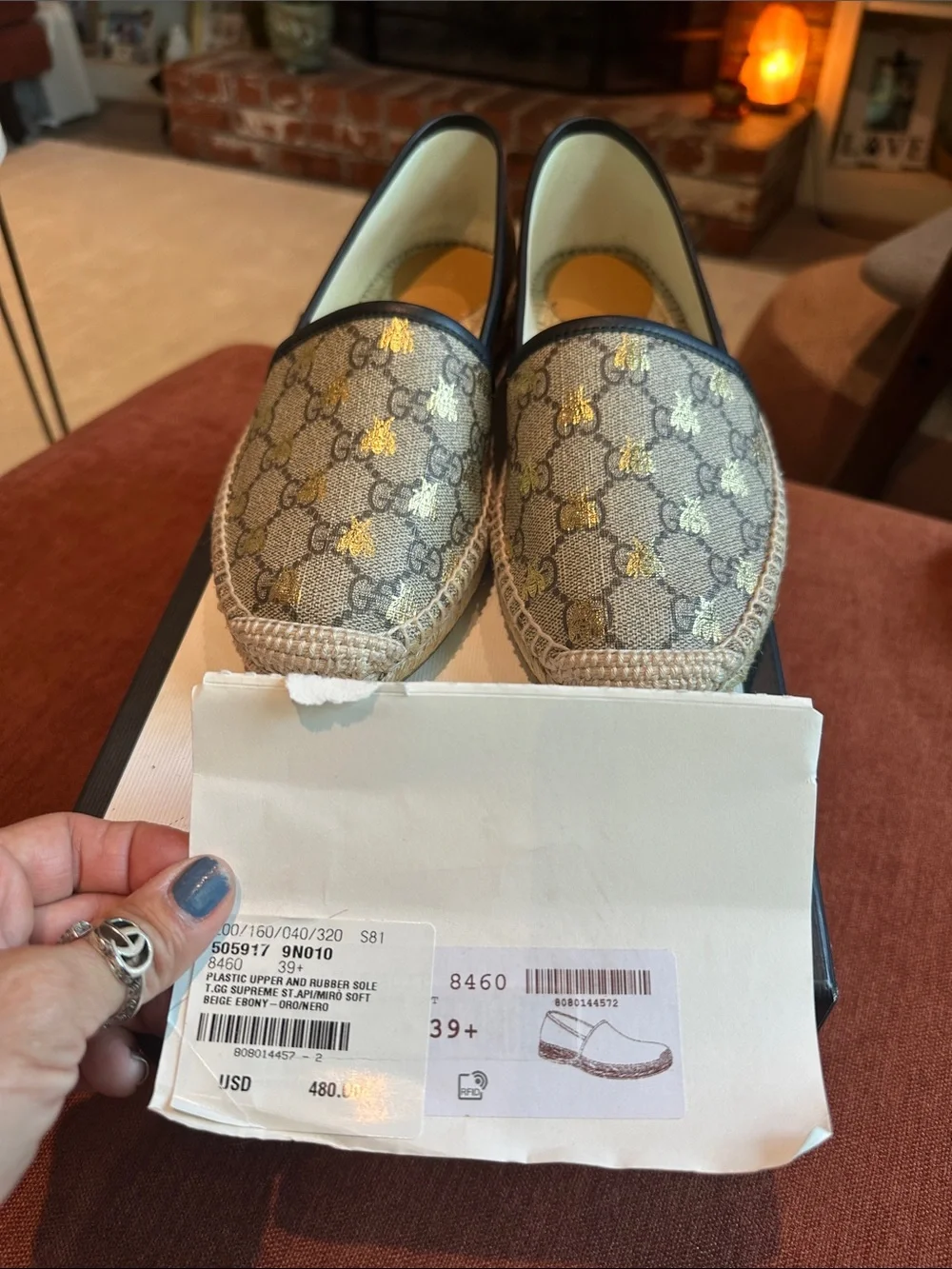 Gucci Beige GG Canvas Espadrilles with Gold Bee Motif